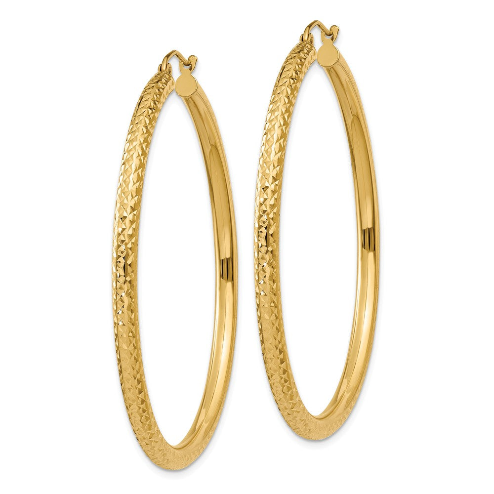 Alternate view of the 3mm, 14k Yellow Gold Diamond-cut Hoops, 50mm (1 7/8 Inch) by The Black Bow Jewelry Co.