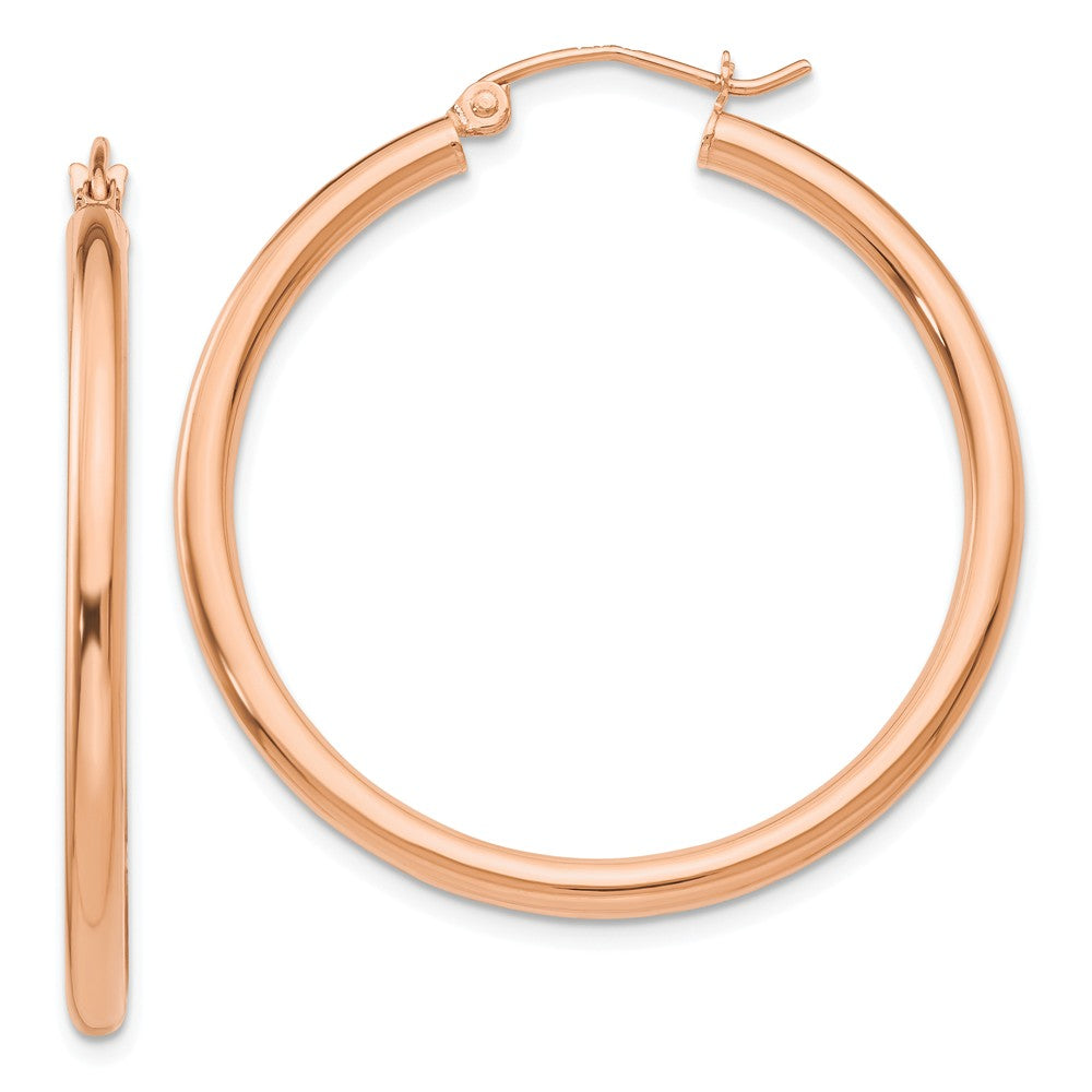 2.5mm, 14k Rose Gold Polished Round Hoop Earrings, 35mm (1 3/8 Inch), Item E9425-35 by The Black Bow Jewelry Co.