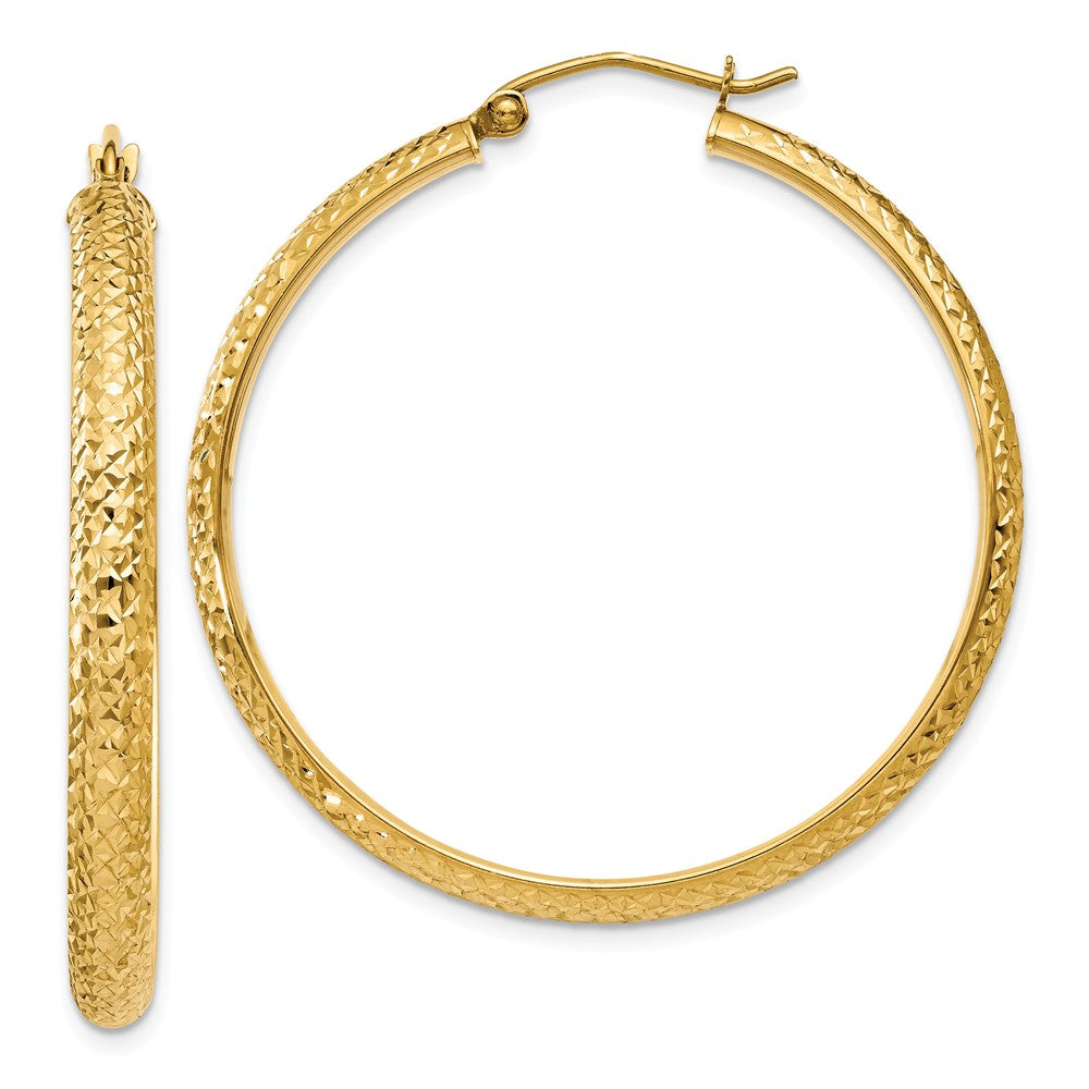 3.5mm, 14k Yellow Gold Diamond-cut Hoops, 38mm (1 1/2 Inch), Item E9433-38 by The Black Bow Jewelry Co.