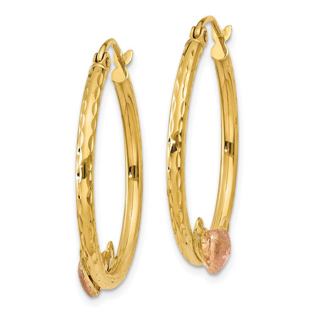 Alternate view of the Heart and Diamond-cut Round Hoops in 14k Yellow Gold and Rose Rhodium by The Black Bow Jewelry Co.