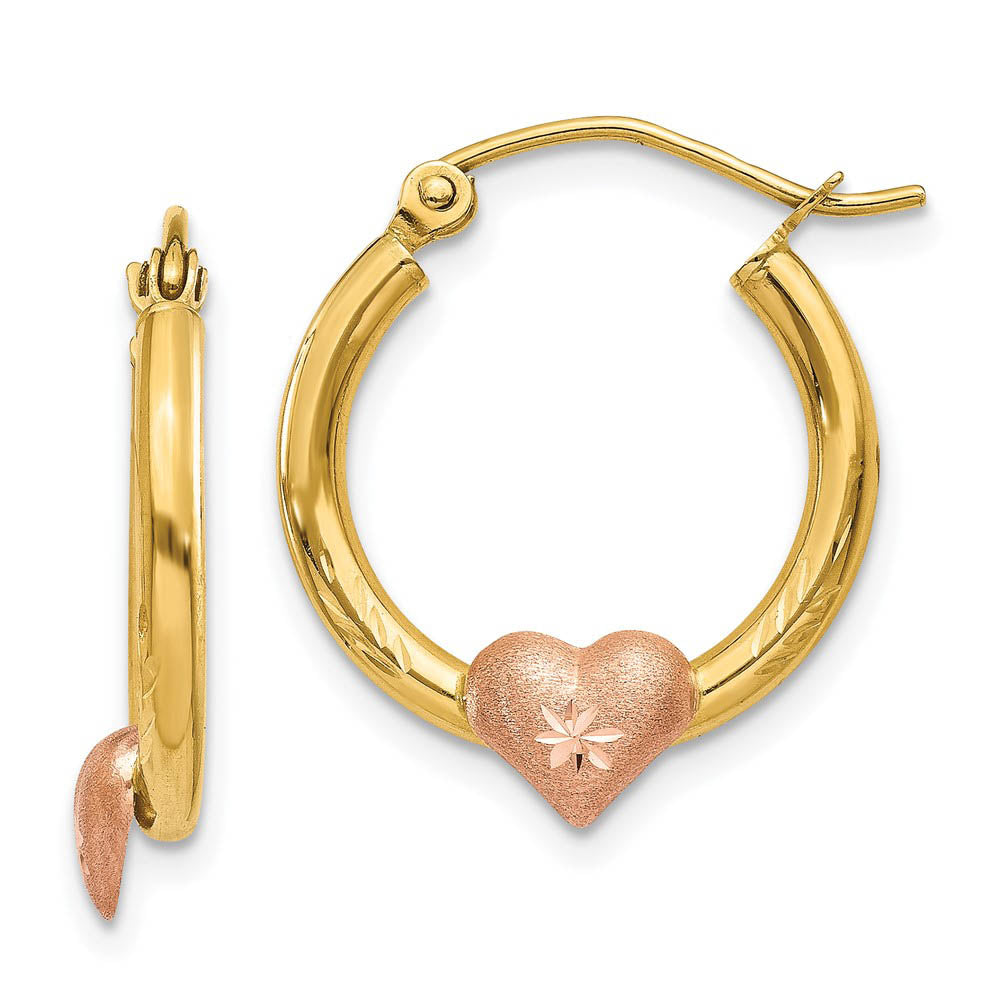 Heart and Diamond-cut Round Hoops in 14k Two Tone Gold, Item E9475 by The Black Bow Jewelry Co.