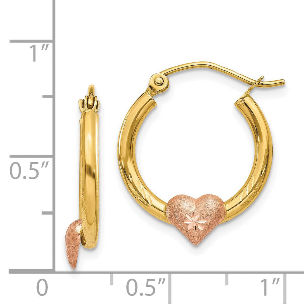 Alternate view of the Heart and Diamond-cut Round Hoops in 14k Two Tone Gold by The Black Bow Jewelry Co.