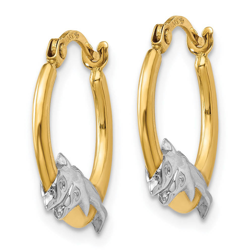 Alternate view of the 15mm Dolphin Round Hoop Earrings in 14k Yellow Gold and Rhodium by The Black Bow Jewelry Co.