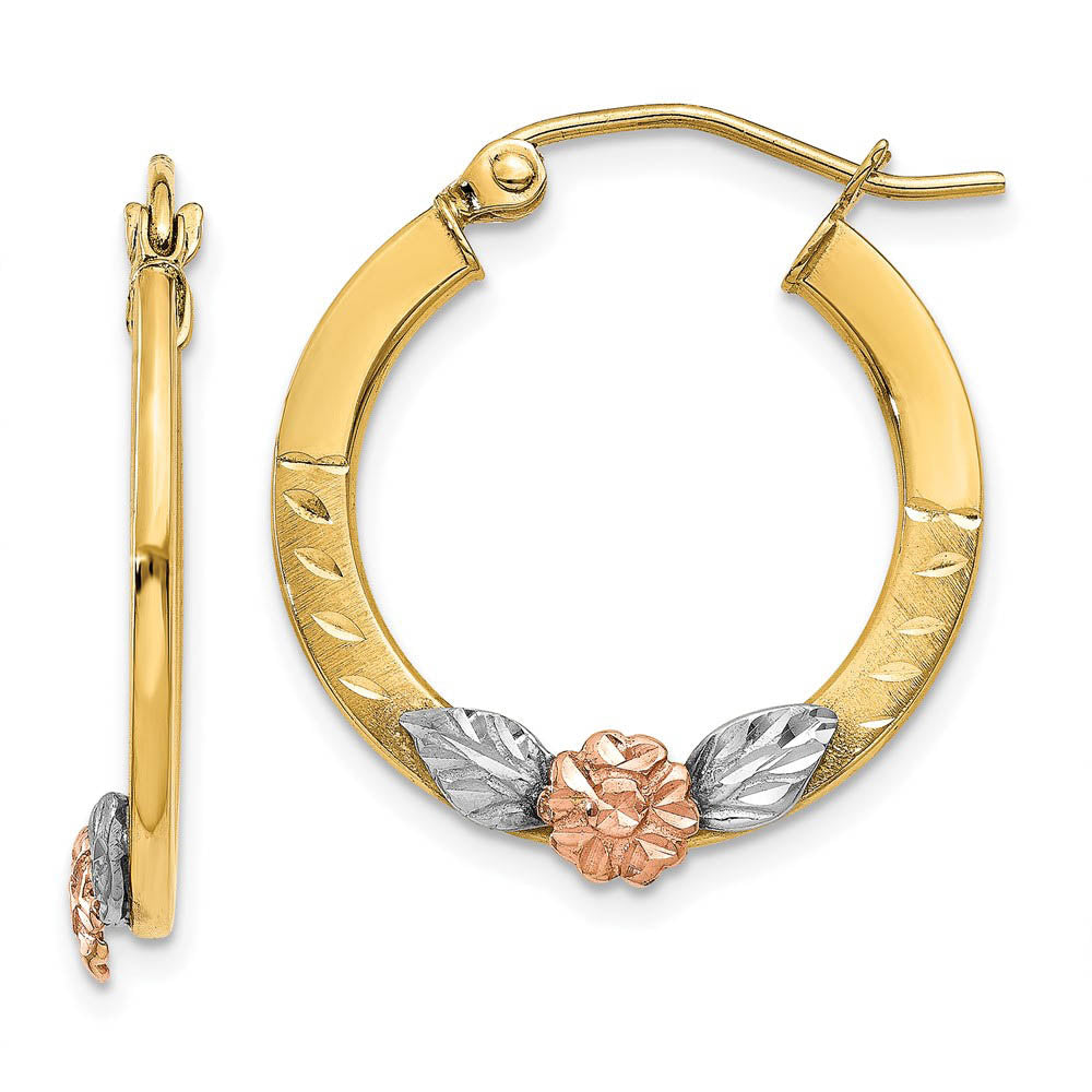 Flower Diamond-cut Round Hoops in 14k Two-tone Gold and Rhodium, Item E9482 by The Black Bow Jewelry Co.