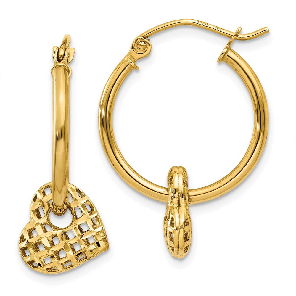 Moveable Heart Hoop Earrings in 14k Yellow Gold, Item E9484 by The Black Bow Jewelry Co.