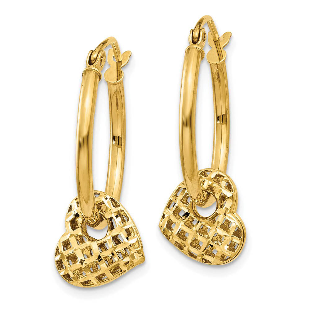 Alternate view of the Moveable Heart Hoop Earrings in 14k Yellow Gold by The Black Bow Jewelry Co.