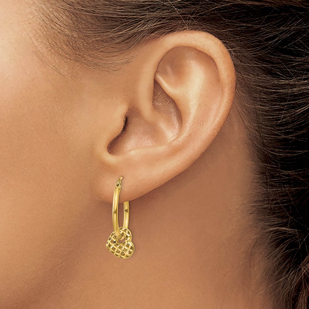 Alternate view of the Moveable Heart Hoop Earrings in 14k Yellow Gold by The Black Bow Jewelry Co.