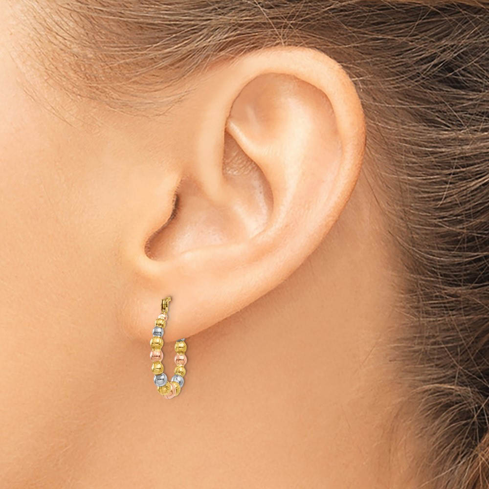 Alternate view of the Tri-Color Beaded Round Hoop Earrings in 14k Yellow Gold and Rhodium by The Black Bow Jewelry Co.