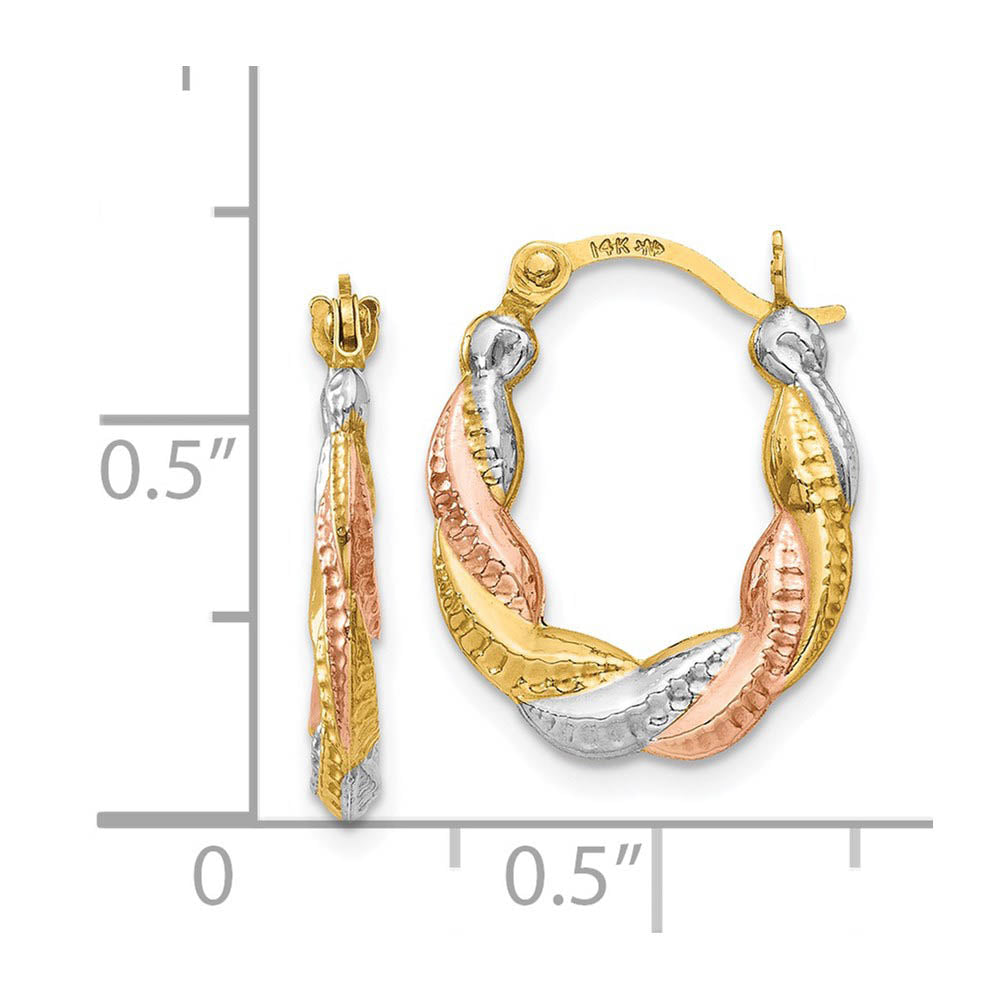 Alternate view of the Tri-Color Twisted Hoops in 14k Yellow Gold with White and Rose Rhodium by The Black Bow Jewelry Co.