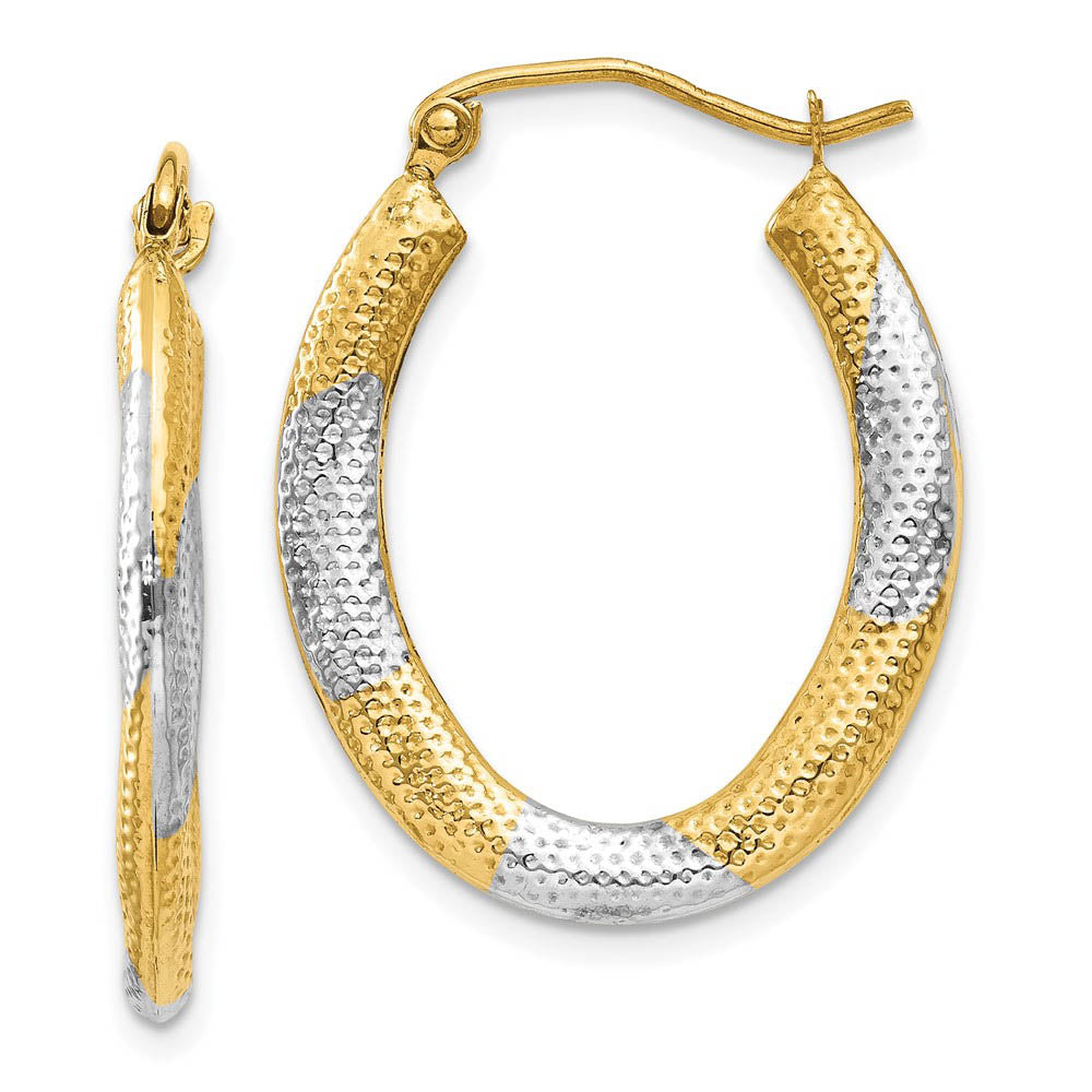 Textured Hollow Oval Hoops in 14k Yellow Gold and Rhodium, Item E9498 by The Black Bow Jewelry Co.