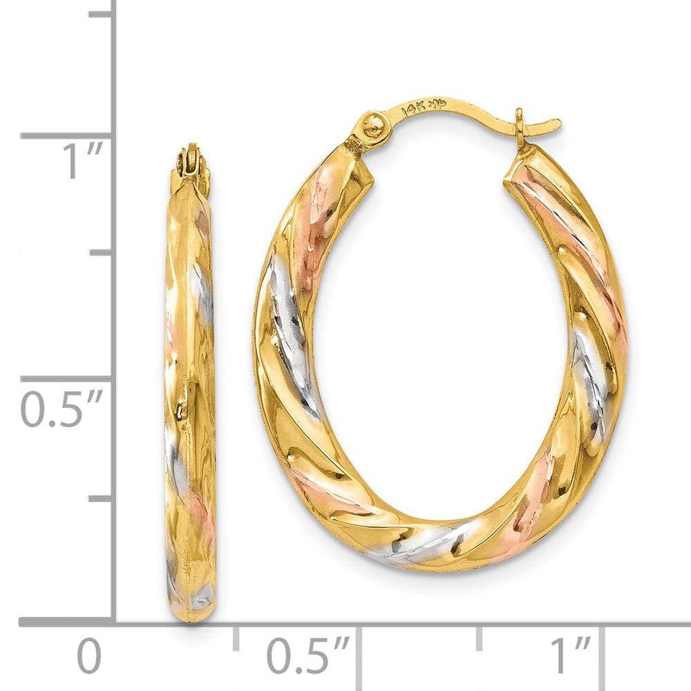 Alternate view of the 3-Color Hollow Oval Hoops in 14k Yellow Gold w/ White and Rose Rhodium by The Black Bow Jewelry Co.