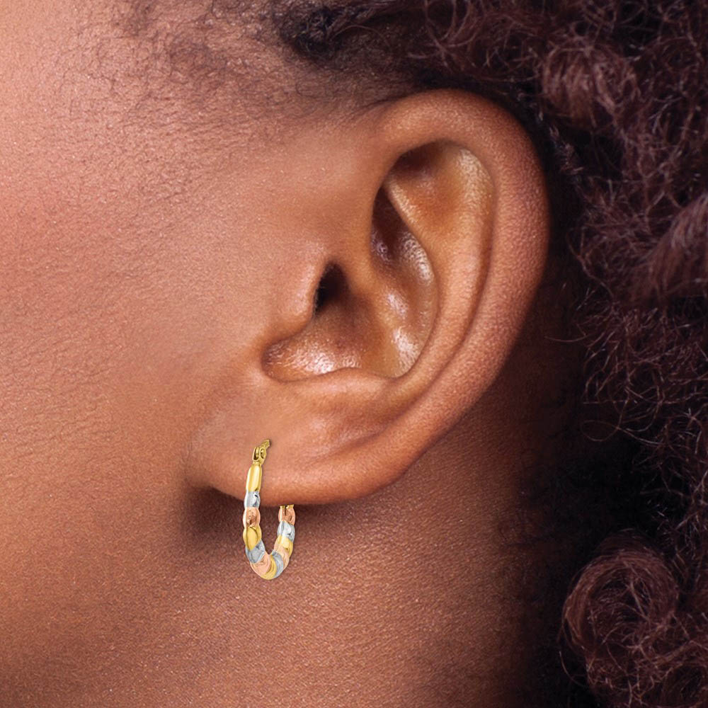 Alternate view of the Tri-Color Scalloped Puffed Hoops in 14k Yellow Gold and Rhodium by The Black Bow Jewelry Co.