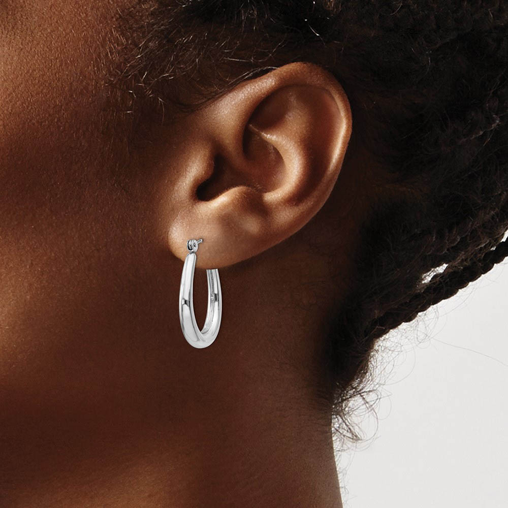 Alternate view of the 3mm x 23mm Polished 14k White Gold Tapered Puffed Oval Hoop Earrings by The Black Bow Jewelry Co.