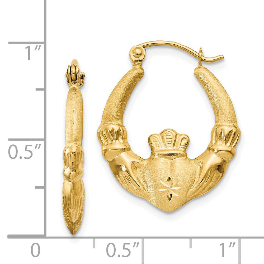 Alternate view of the Polished and Satin Claddagh Hoop Earrings in 14k Yellow Gold, 20mm by The Black Bow Jewelry Co.