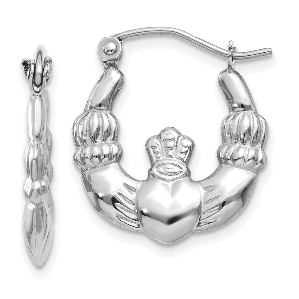 Polished Claddagh Hoop Earrings in 14k White Gold, 16mm, Item E9527 by The Black Bow Jewelry Co.