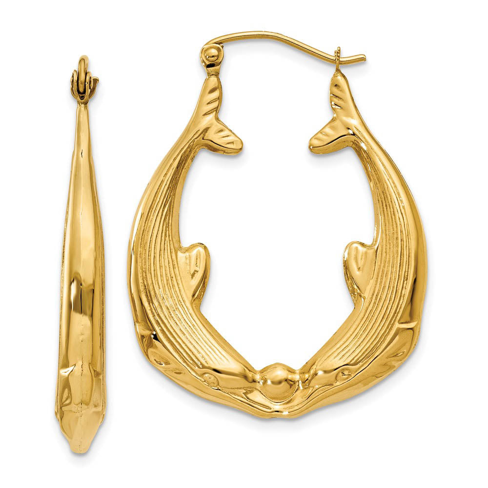 Kissing Dolphin Hoop Earrings in 14k Yellow Gold Black Bow