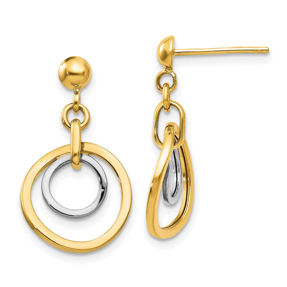 Two-tone Double Circle Dangle Post Earrings in 14k Gold, Item E9585 by The Black Bow Jewelry Co.