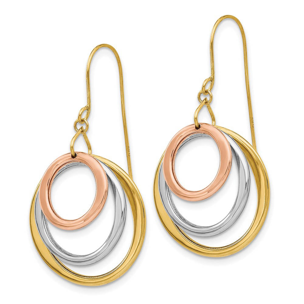 Alternate view of the Tri-color Triple Circle Dangle Earrings in 14k Gold by The Black Bow Jewelry Co.