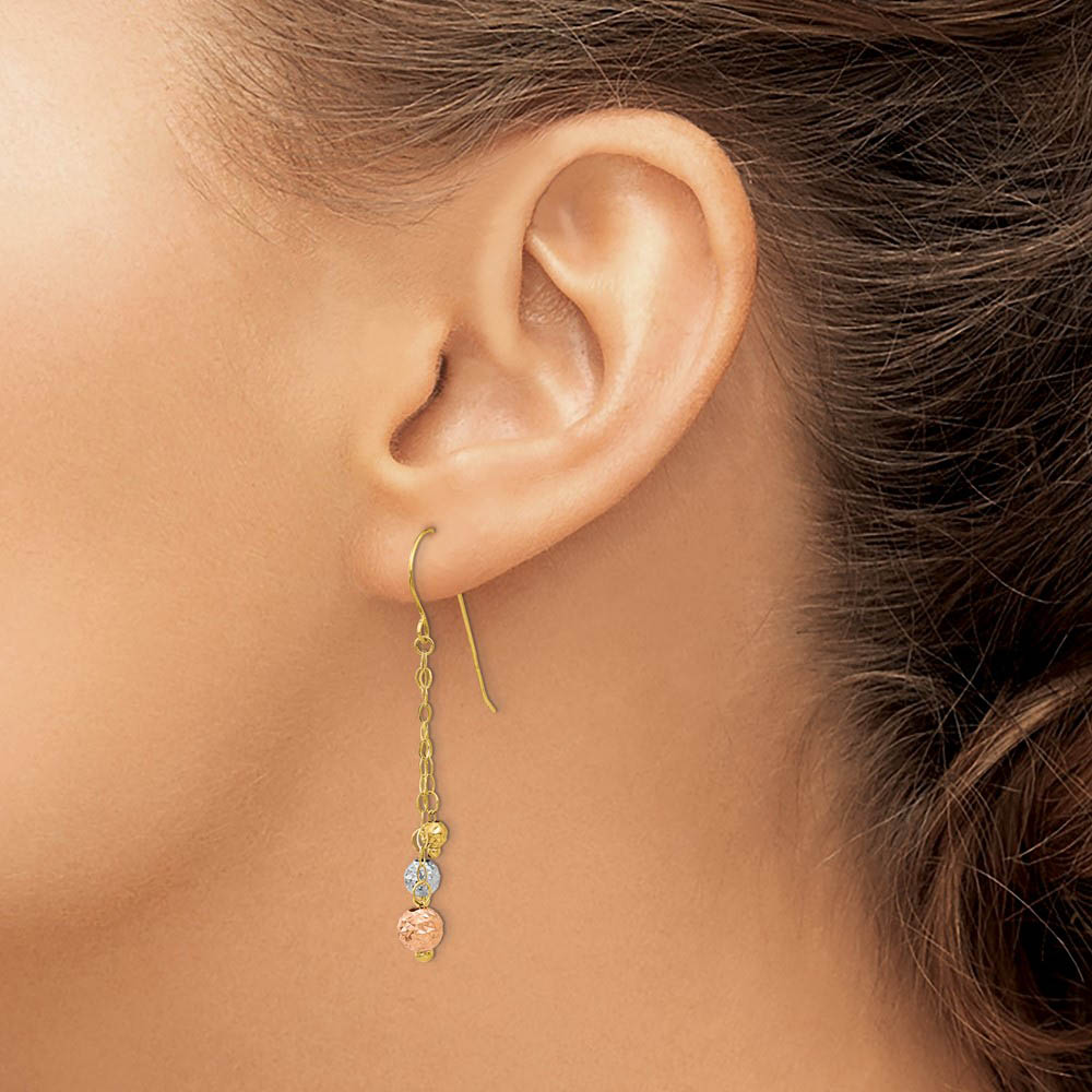 Alternate view of the 14k Tri-color Gold 3-Strand Bead and Chain Dangle Earrings by The Black Bow Jewelry Co.