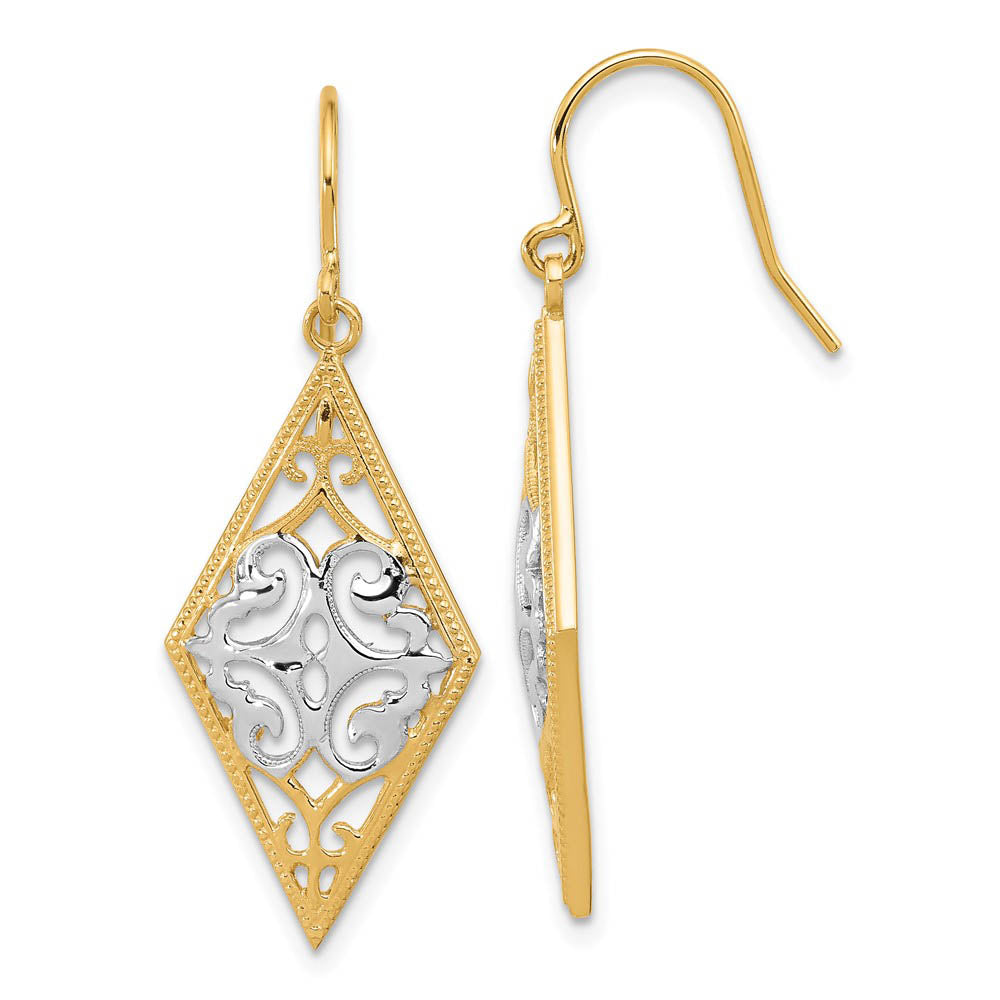 Diamond Shape Filigree Dangle Earrings in 14k Yellow Gold and Rhodium, Item E9657 by The Black Bow Jewelry Co.