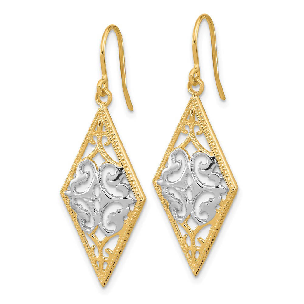 Alternate view of the Diamond Shape Filigree Dangle Earrings in 14k Yellow Gold and Rhodium by The Black Bow Jewelry Co.