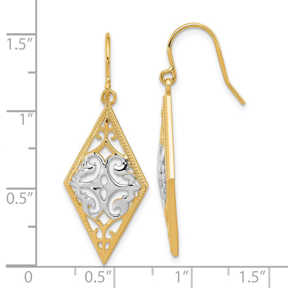Alternate view of the Diamond Shape Filigree Dangle Earrings in 14k Yellow Gold and Rhodium by The Black Bow Jewelry Co.