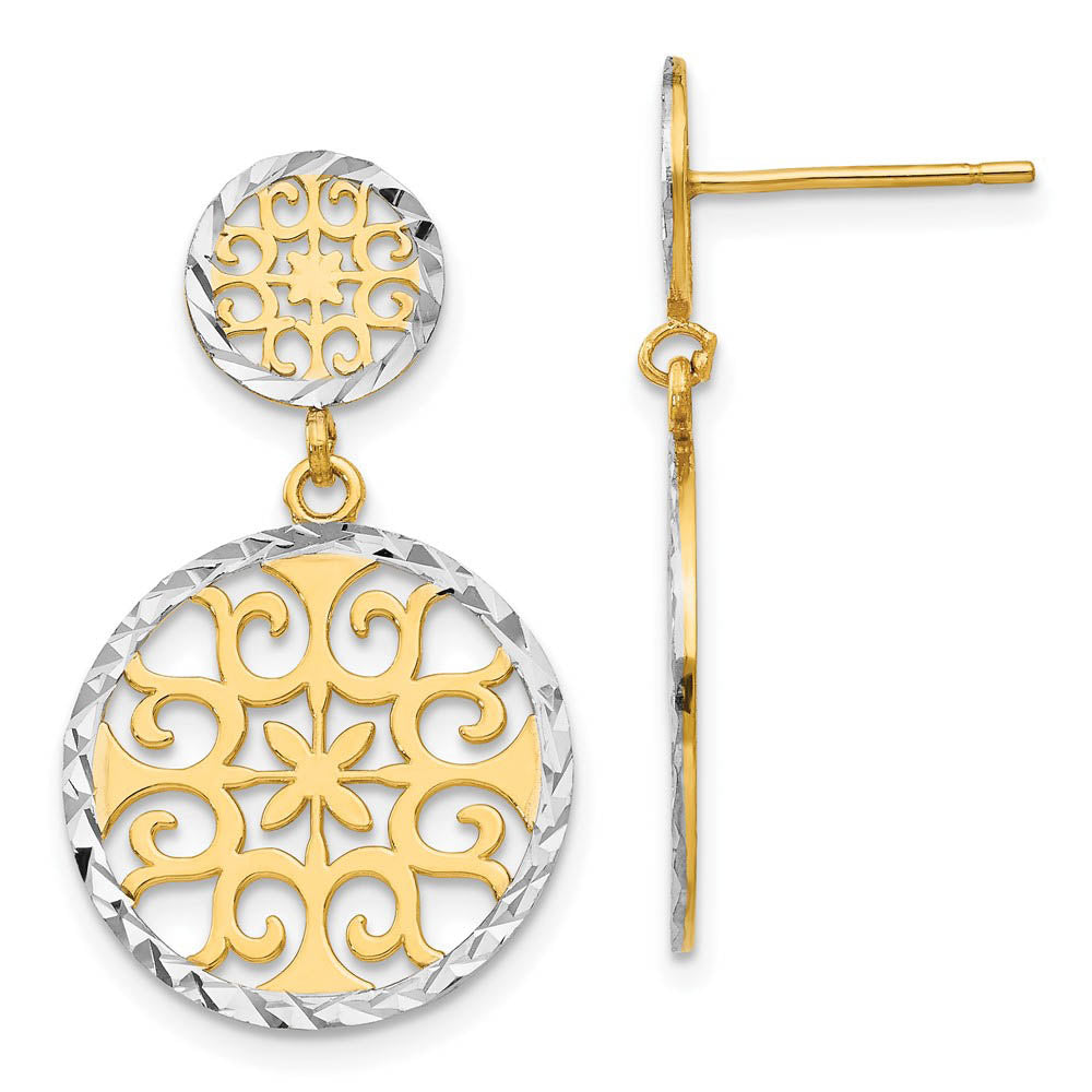 2-tone Diamond-cut Circle Drop Earrings in 14k Yellow Gold and Rhodium, Item E9659 by The Black Bow Jewelry Co.