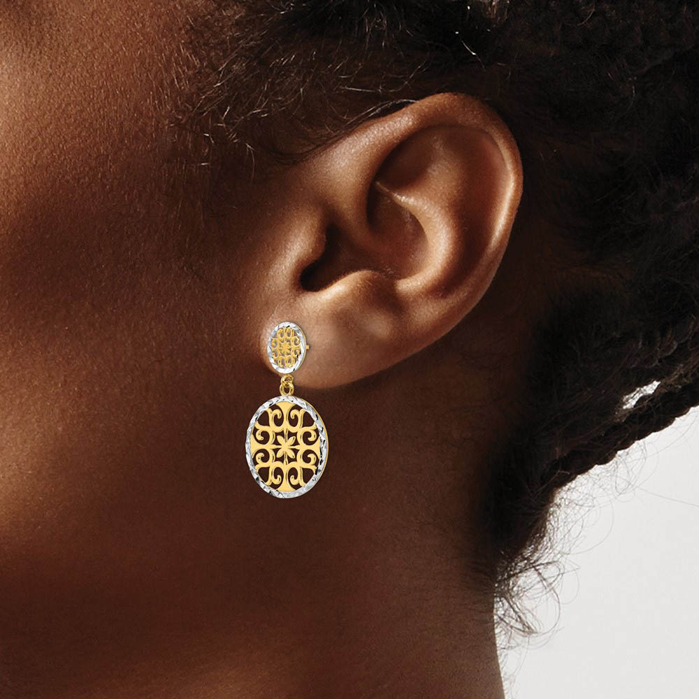 Alternate view of the 2-tone Diamond-cut Circle Drop Earrings in 14k Yellow Gold and Rhodium by The Black Bow Jewelry Co.