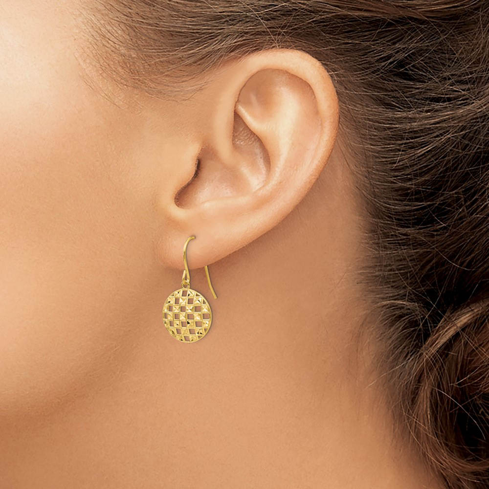 Alternate view of the Circle Cut Out Drop Earrings in 14k Yellow Gold by The Black Bow Jewelry Co.