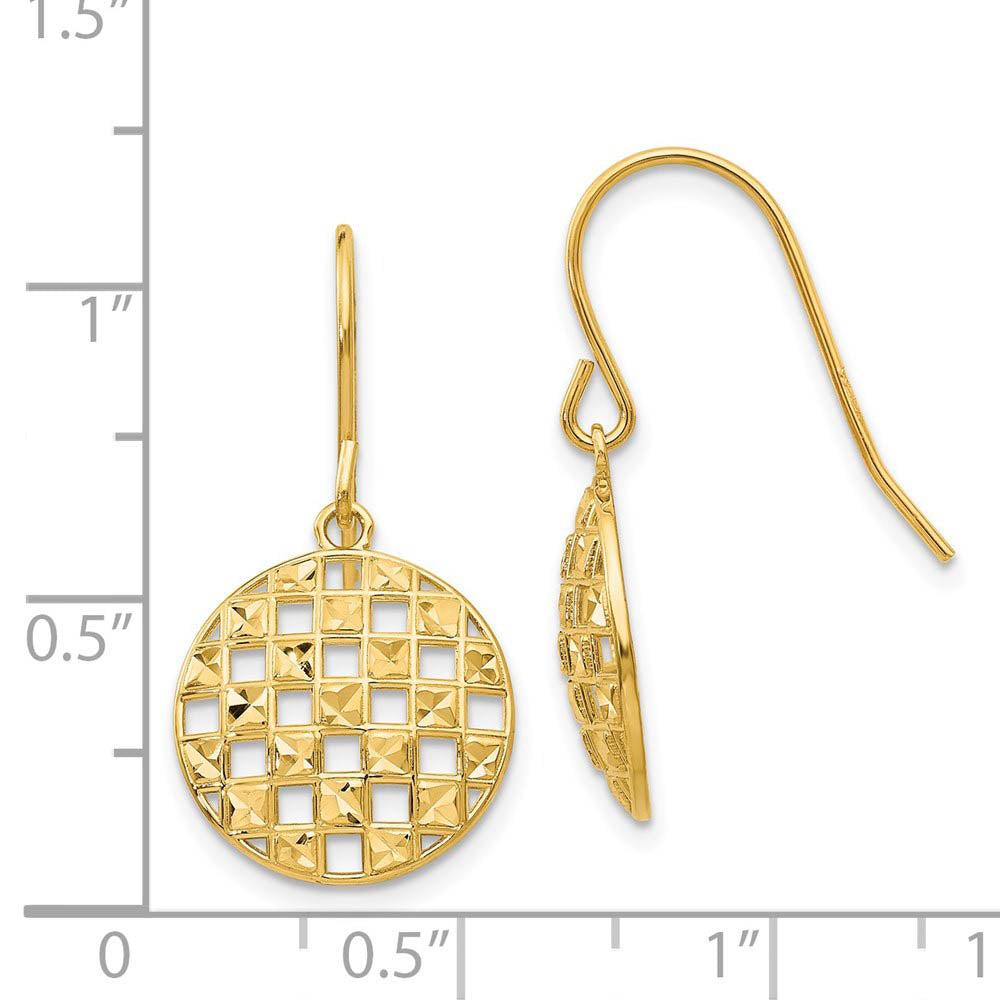 Alternate view of the Circle Cut Out Drop Earrings in 14k Yellow Gold by The Black Bow Jewelry Co.