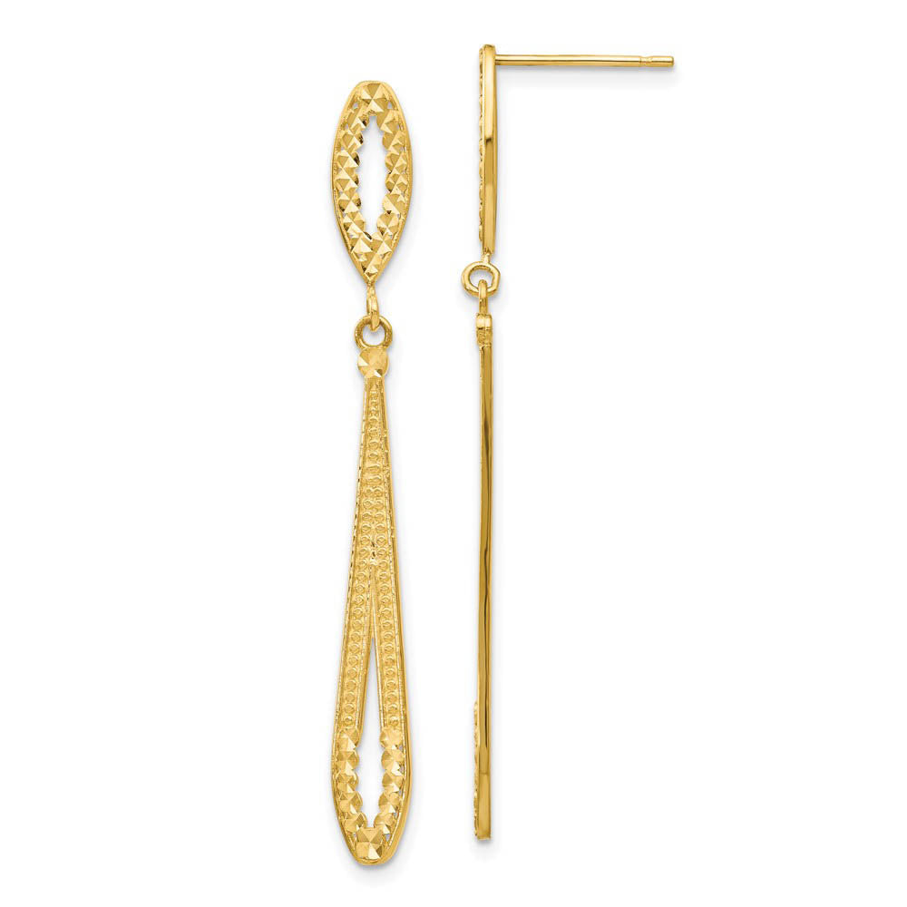 Long Textured and Diamond-cut Dangle Post Earrings in 14k Yellow Gold, Item E9683 by The Black Bow Jewelry Co.
