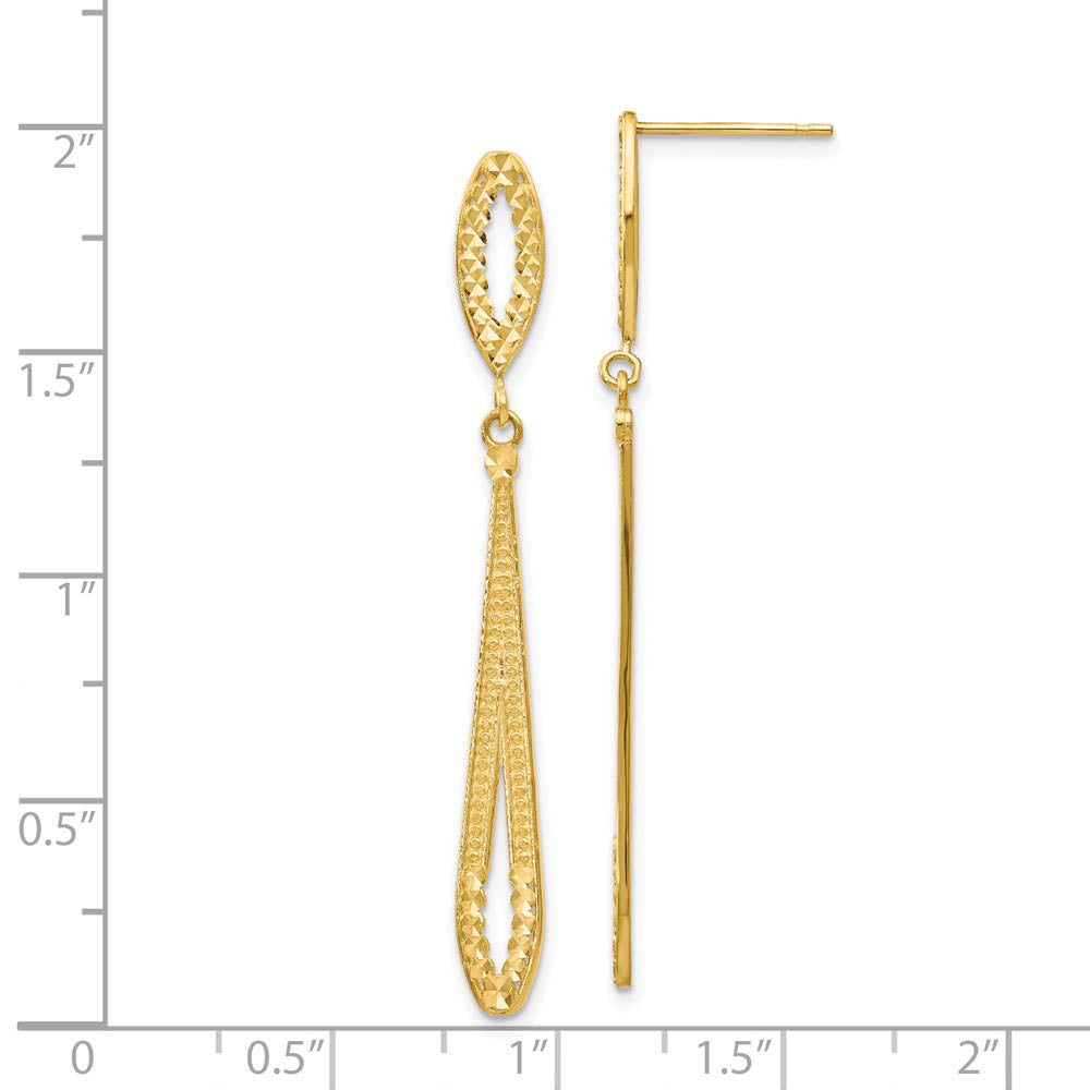 Alternate view of the Long Textured and Diamond-cut Dangle Post Earrings in 14k Yellow Gold by The Black Bow Jewelry Co.