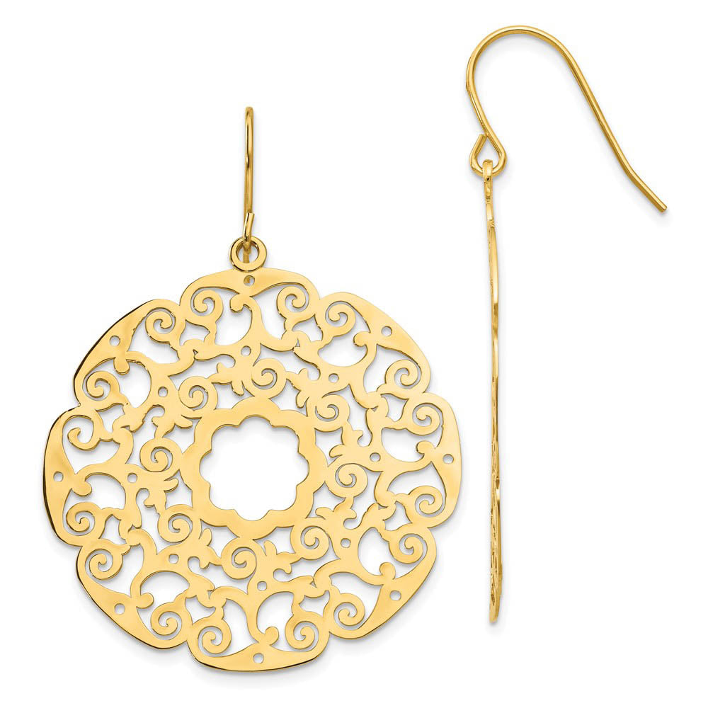 Open Lace Circle Dangle Earrings in 14k Yellow Gold, Item E9689 by The Black Bow Jewelry Co.