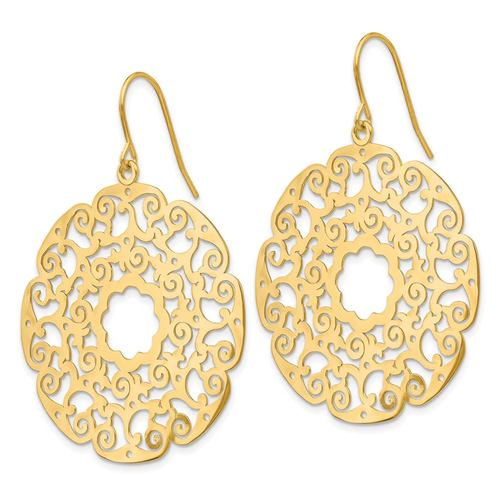 Alternate view of the Open Lace Circle Dangle Earrings in 14k Yellow Gold by The Black Bow Jewelry Co.