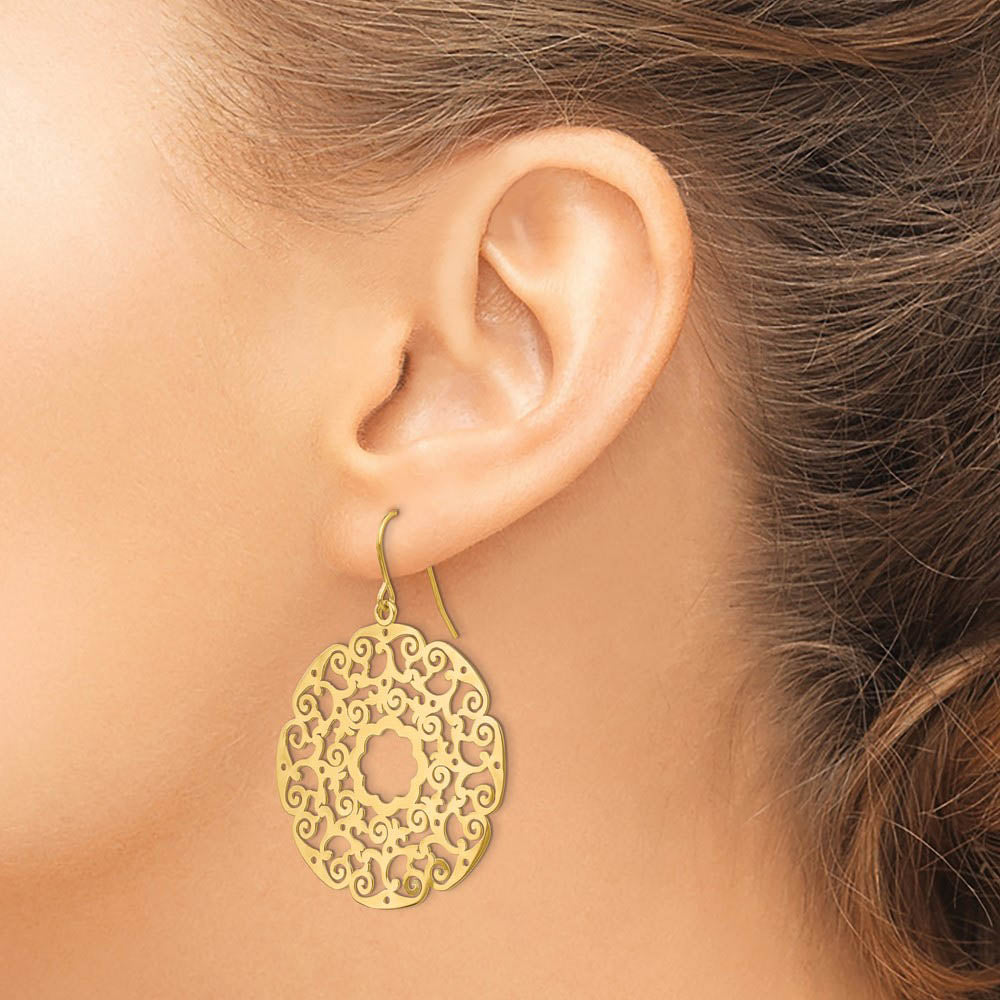 Alternate view of the Open Lace Circle Dangle Earrings in 14k Yellow Gold by The Black Bow Jewelry Co.