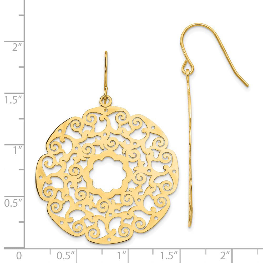 Alternate view of the Open Lace Circle Dangle Earrings in 14k Yellow Gold by The Black Bow Jewelry Co.