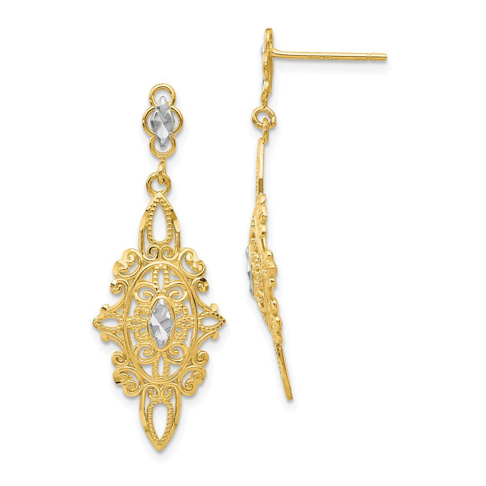 Vintage Style Dangle Earrings in 14k Yellow Gold and Rhodium, Item E9690 by The Black Bow Jewelry Co.