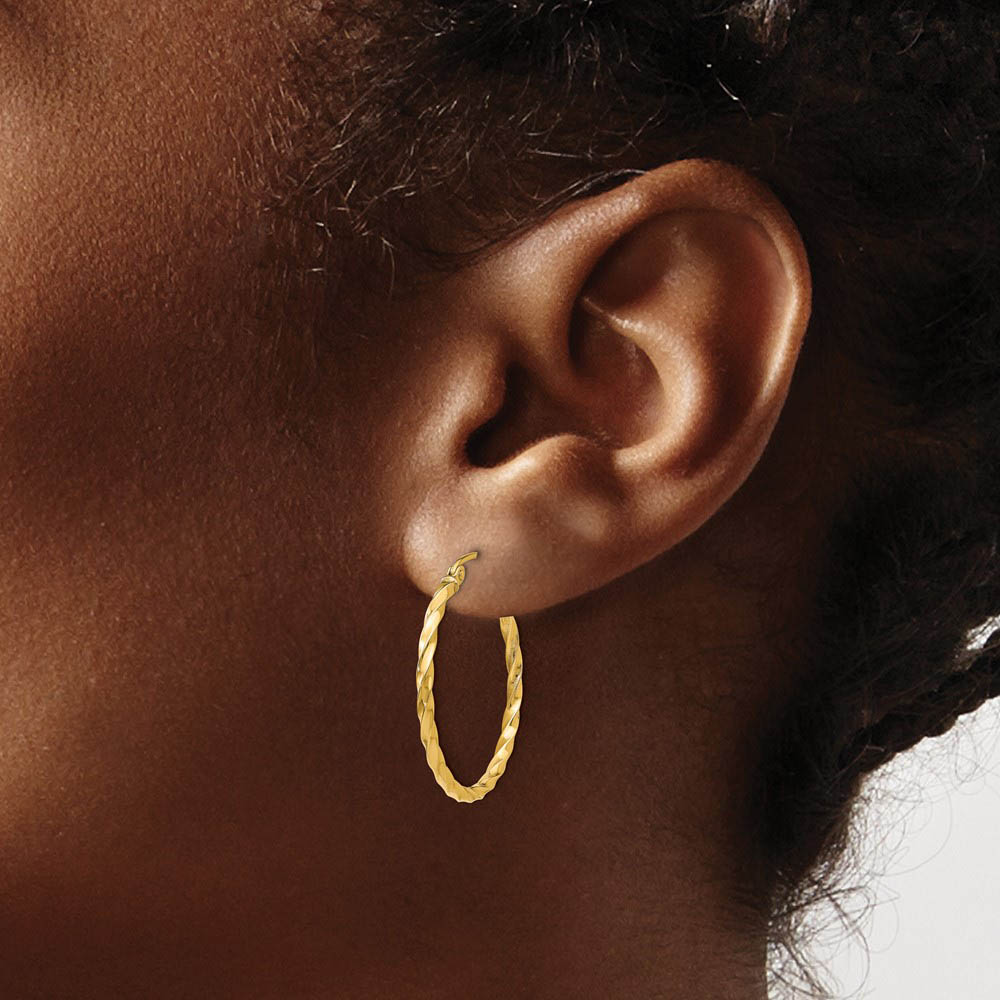 Alternate view of the 2mm, Twisted 14k Yellow Gold Round Hoop Earrings, 25mm (1 Inch) by The Black Bow Jewelry Co.