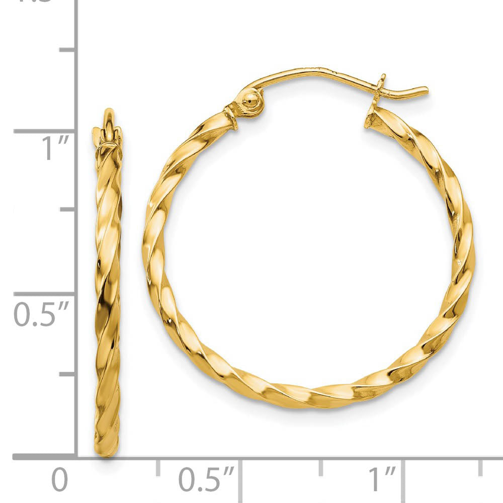 Alternate view of the 2mm, Twisted 14k Yellow Gold Round Hoop Earrings, 25mm (1 Inch) by The Black Bow Jewelry Co.