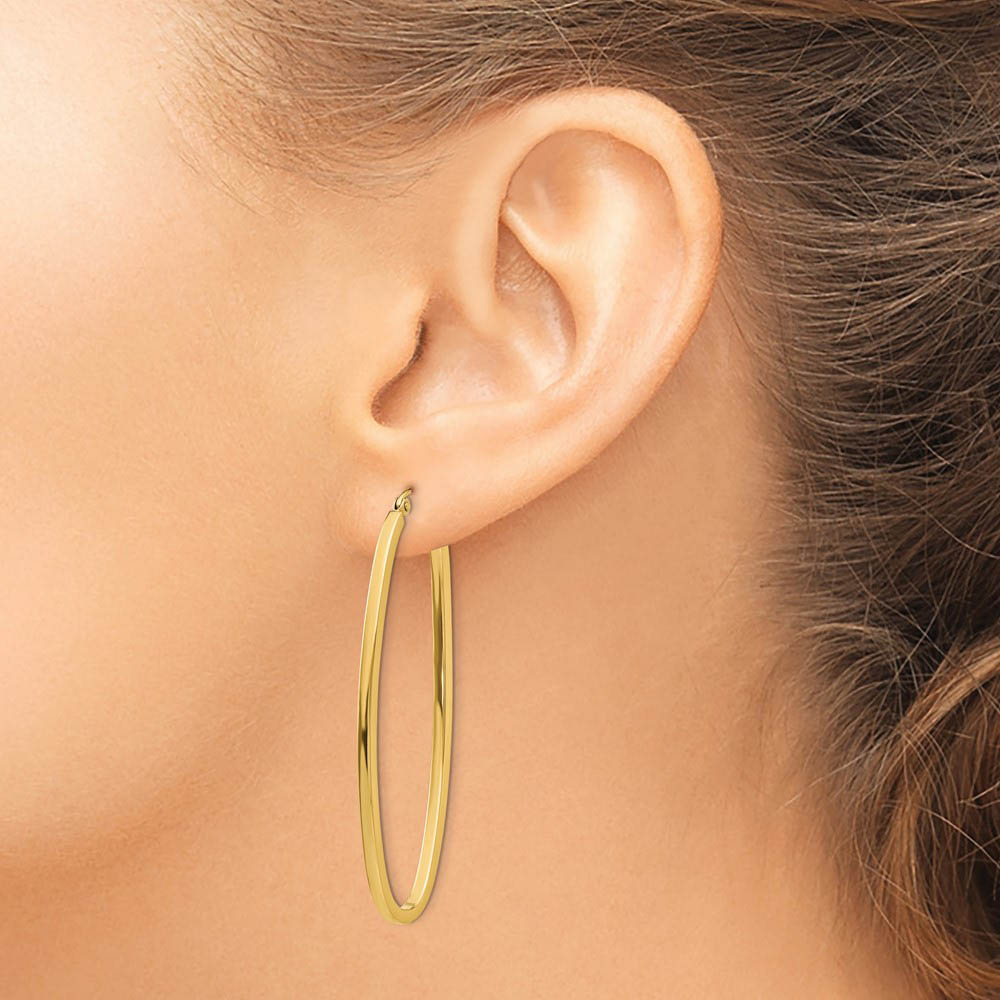 Alternate view of the 2mm, 14k Yellow Gold Square Tube Oval Hoop Earrings, 50mm (1 7/8 Inch) by The Black Bow Jewelry Co.