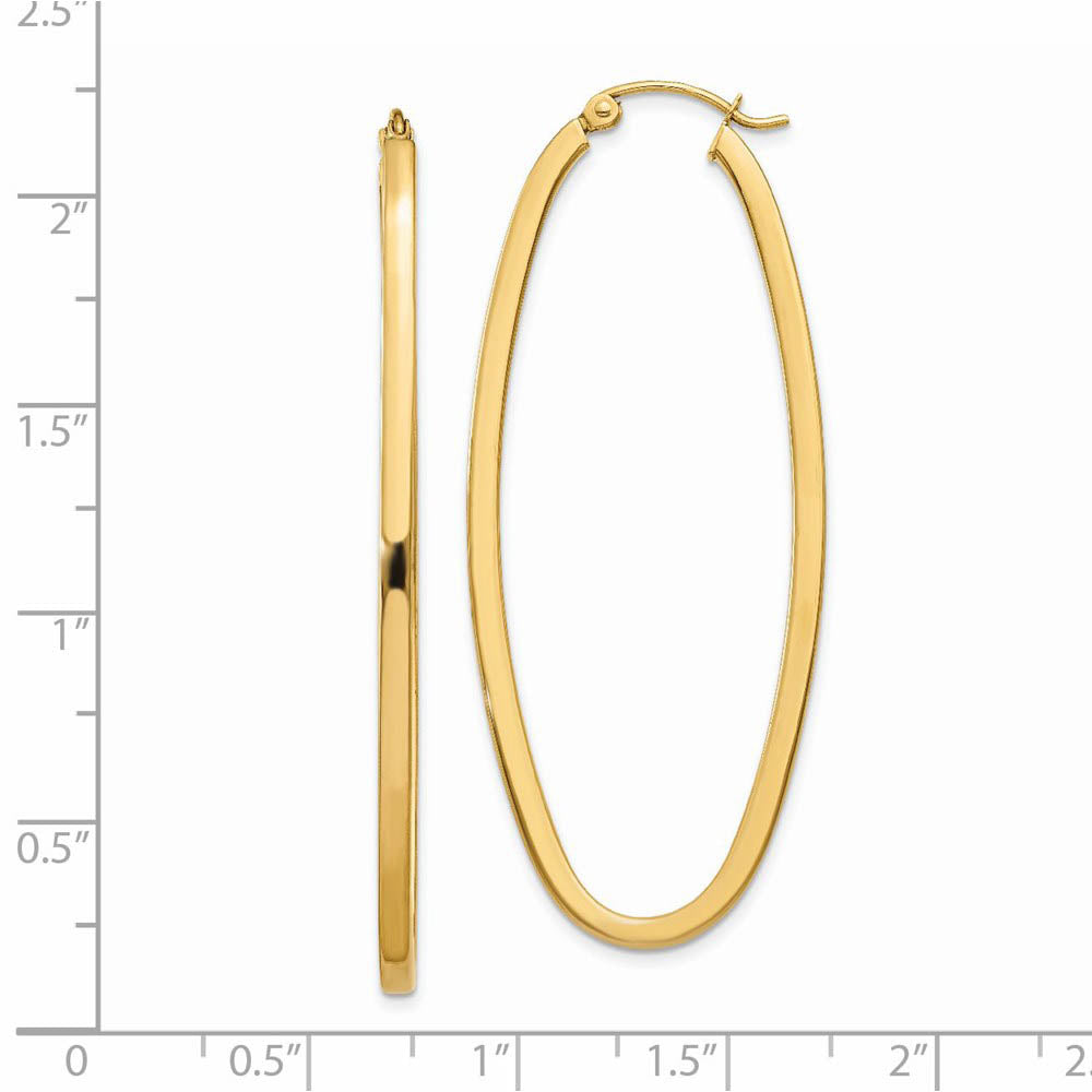 Alternate view of the 2mm, 14k Yellow Gold Square Tube Oval Hoop Earrings, 50mm (1 7/8 Inch) by The Black Bow Jewelry Co.