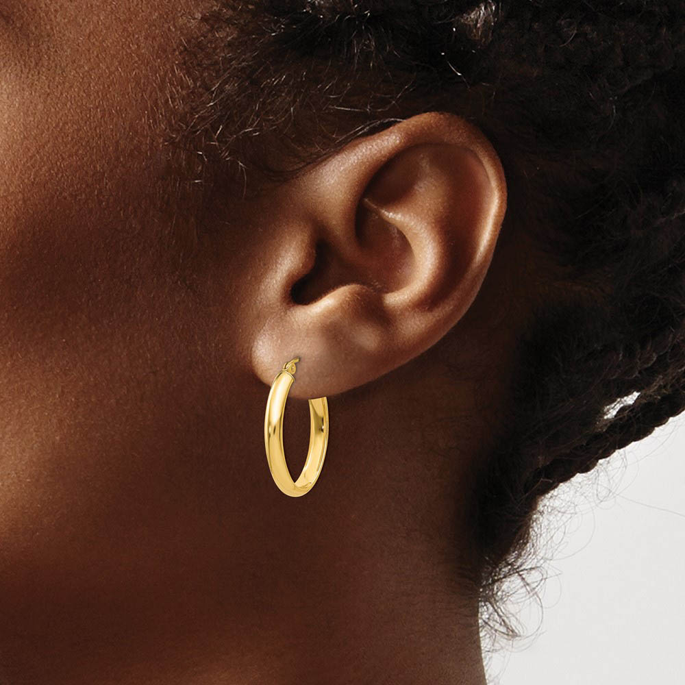 Alternate view of the 3.5mm, 14k Yellow Gold Oval Hoop Earrings, 25mm (1 Inch) by The Black Bow Jewelry Co.