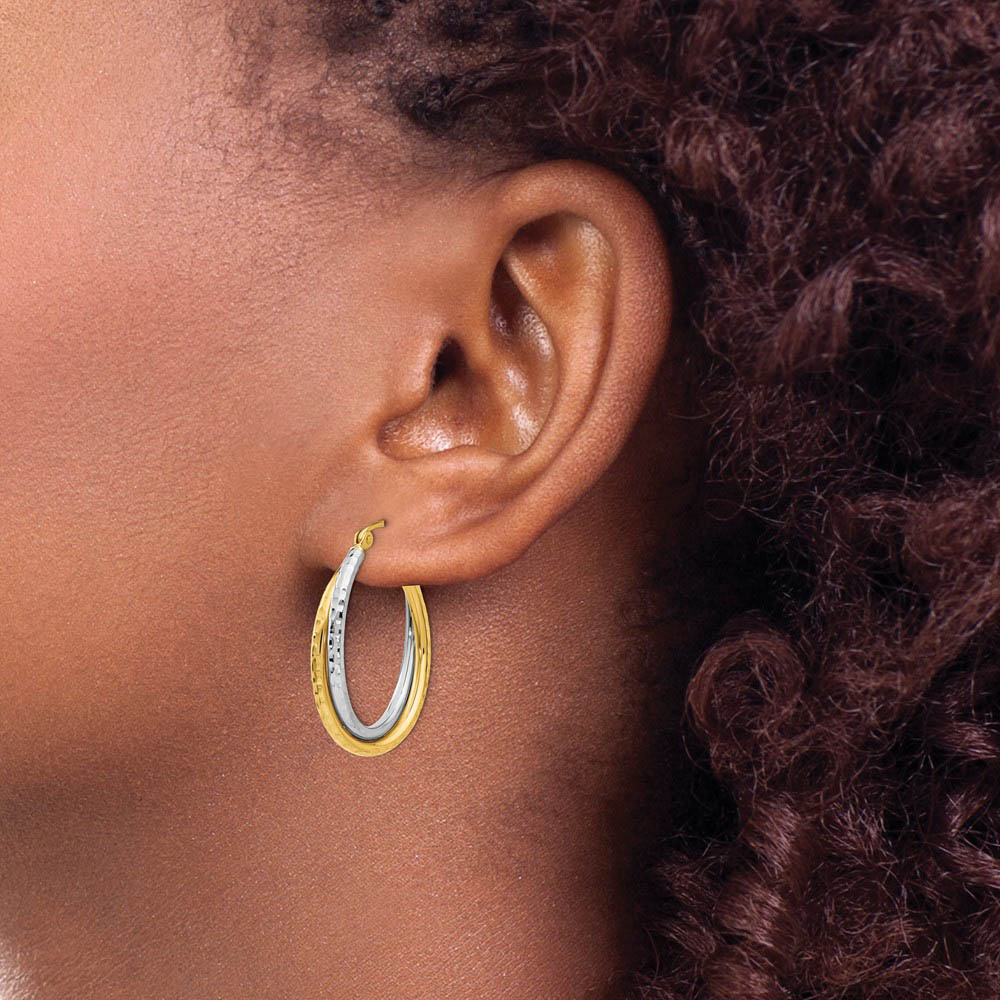 Alternate view of the Diamond Cut Double Oval Hoops in 14k Two-tone Gold, 25mm (1 Inch) by The Black Bow Jewelry Co.