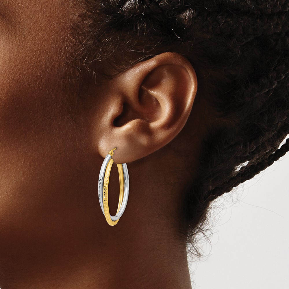 Alternate view of the Diamond Cut Double Oval Hoops in 14k Two-tone Gold, 32mm (1 1/4 Inch) by The Black Bow Jewelry Co.