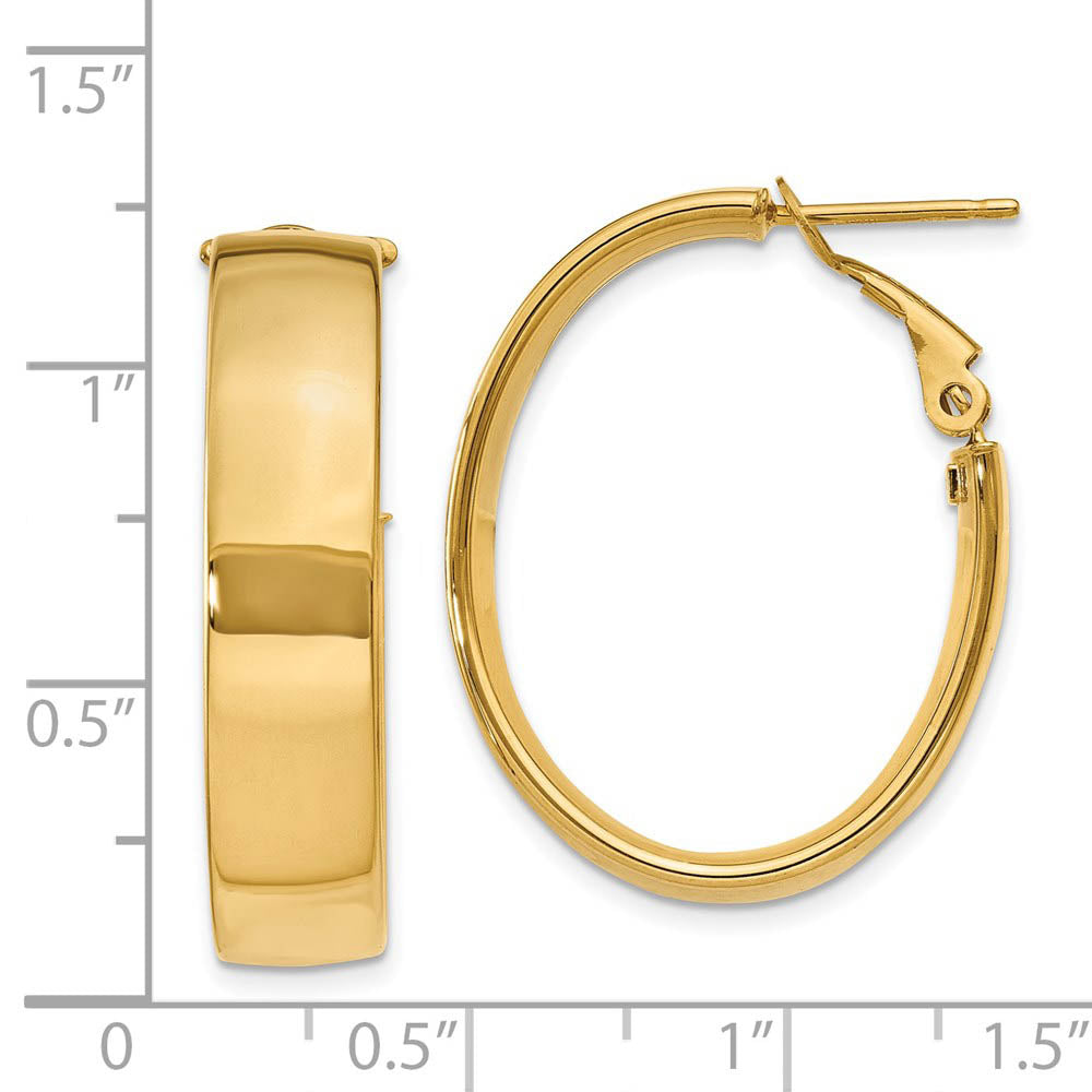Alternate view of the 6.75mm, 14k Yellow Gold Omega Back Oval Hoop Earrings, 25mm (1 Inch) by The Black Bow Jewelry Co.