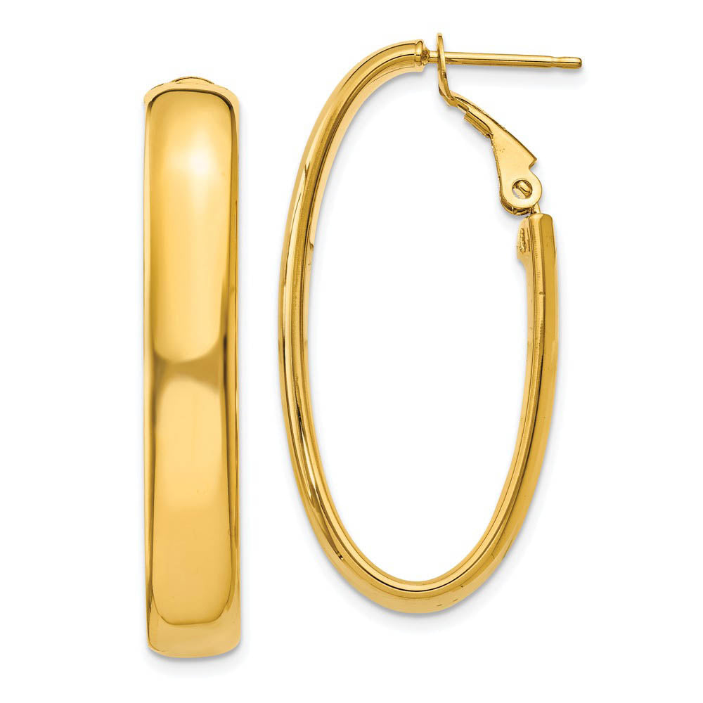 5.75mm, 14k Gold Omega Back Oval Hoop Earrings, 35mm (1 3/8 Inch), Item E9757 by The Black Bow Jewelry Co.