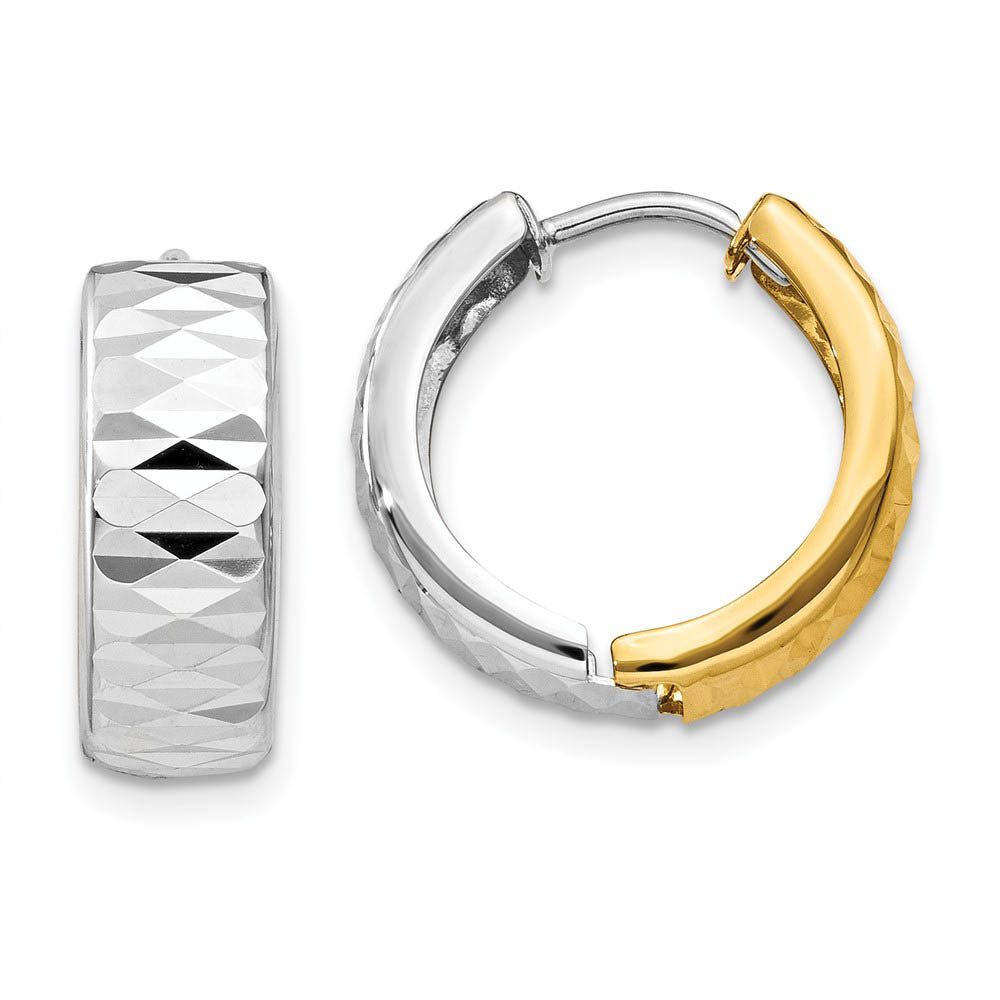 14k Two-Tone Gold Textured Hinged Round Huggie Hoop Earrings, 14mm, Item E9769 by The Black Bow Jewelry Co.