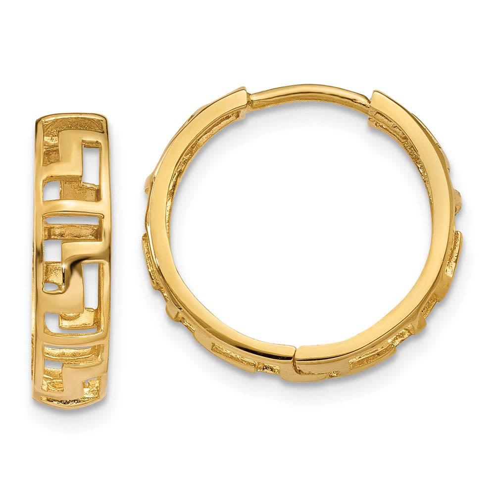 Cutout Greek Key Hinged Round Hoop Earrings in 14k Gold, 15mm, Item E9782 by The Black Bow Jewelry Co.