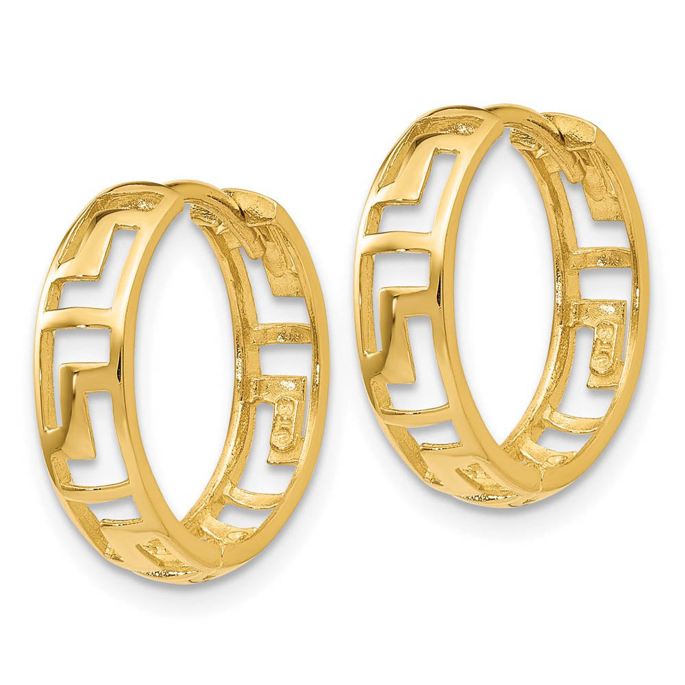 Alternate view of the Cutout Greek Key Hinged Round Hoop Earrings in 14k Gold, 15mm by The Black Bow Jewelry Co.