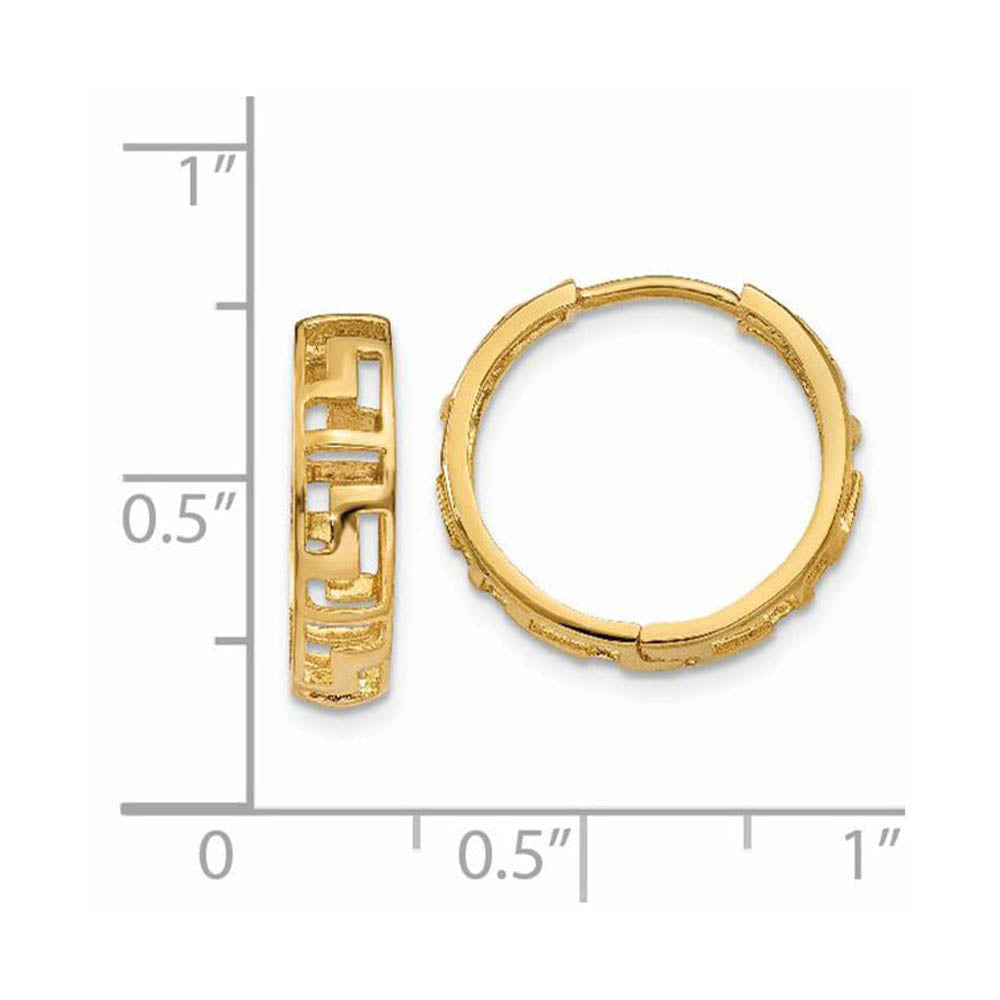 Alternate view of the Cutout Greek Key Hinged Round Hoop Earrings in 14k Gold, 15mm by The Black Bow Jewelry Co.